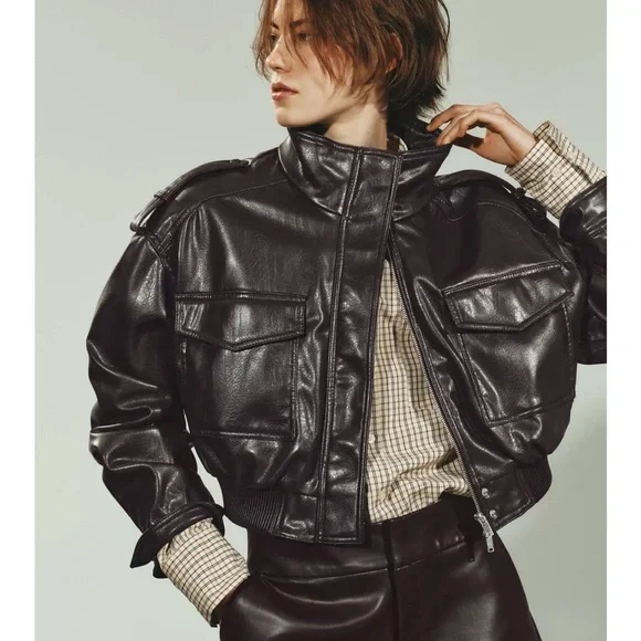 Zara Brown Faux Leather Bomber Jacket - Picture 5 of 9